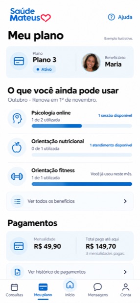 Tela Meu Plano do aplicativo Saúde Mateus, mostrando os benefícios disponíveis e o resumo de pagamentos.
